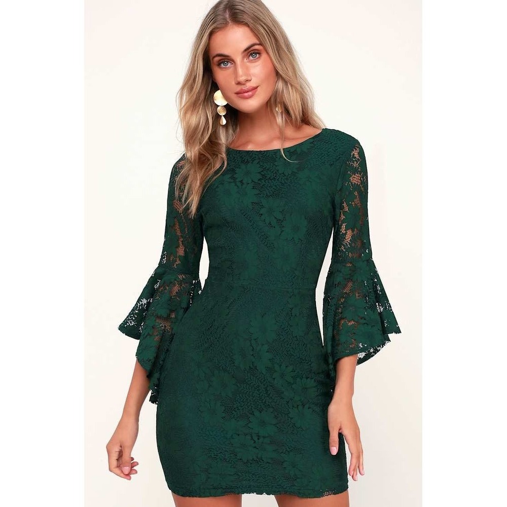 Lulus Allure 'Em Forest Green Floral Lace Flounce Bell Sleeve Mini Dress Size XL